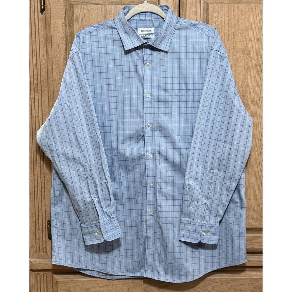 Calvin Klein Dress Shirt Mens XL Regular Fit Blue Check Long-Sleeve Button‎ Up